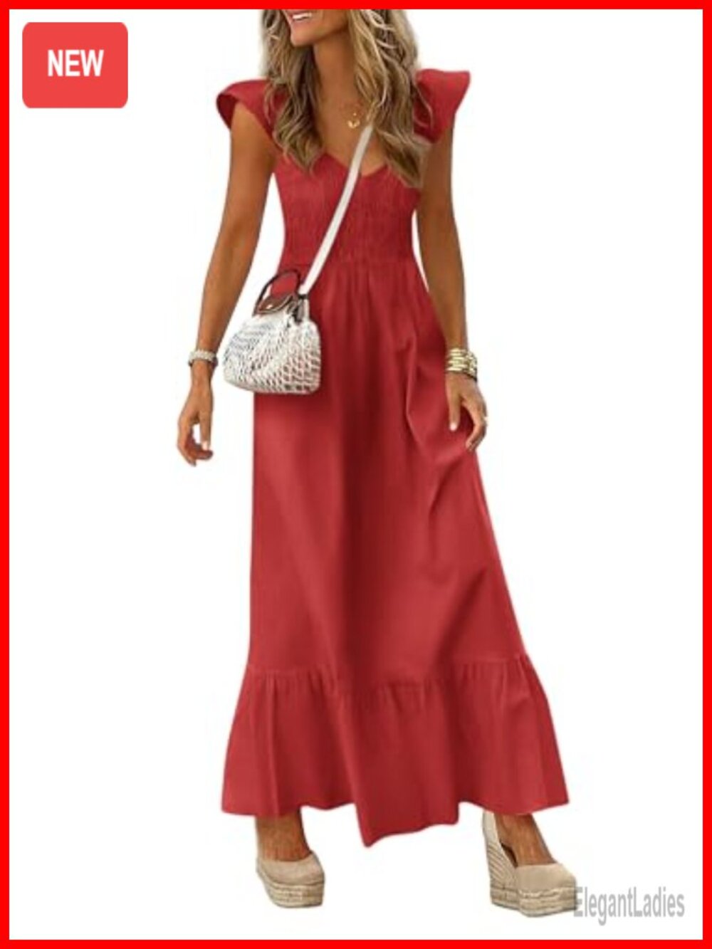 PRETTYGARDEN Smocked Maxi Dress V-Neck Cap Sleeve Ruffle A-Line Flowy